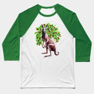 Kangaroo with Bottlebrush - Native Australian Christmas Baseball T-Shirt